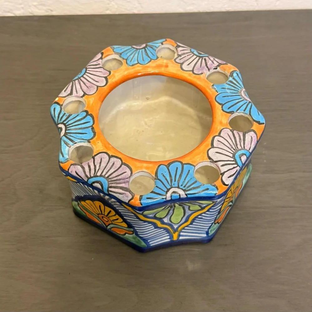 Vintage Talavera Mexican Pottery Toothbrush Holder Octagon Hand Painted Mexico